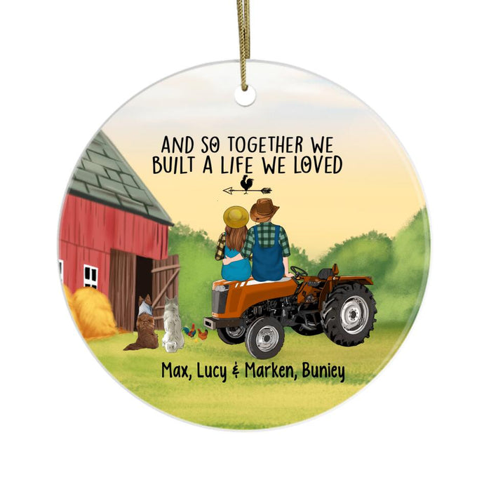 Personalized Ornament, Farming Couple On Tractor With Dogs, Gift For Farmers, Gift For Dog Lovers