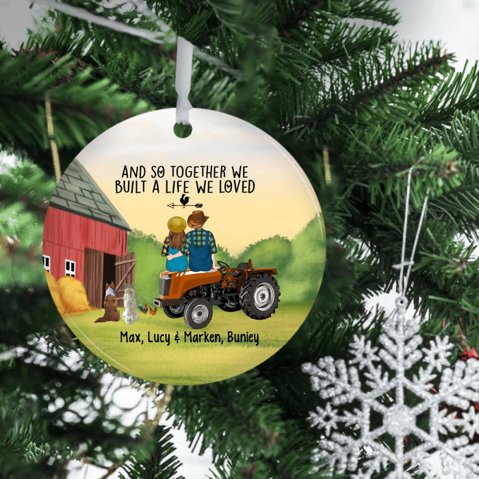 Personalized Ornament, Farming Couple On Tractor With Dogs, Gift For Farmers, Gift For Dog Lovers