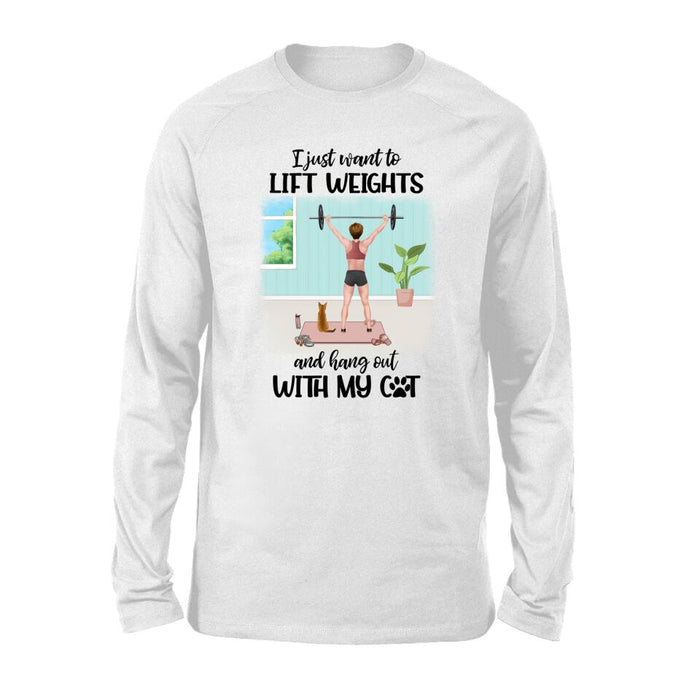 Personalized T-shirt, Girl Lifting Weights With Cats at Home, Gift for Cat Lover, Fitness Lovers