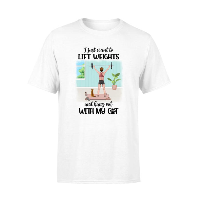 Personalized T-shirt, Girl Lifting Weights With Cats at Home, Gift for Cat Lover, Fitness Lovers