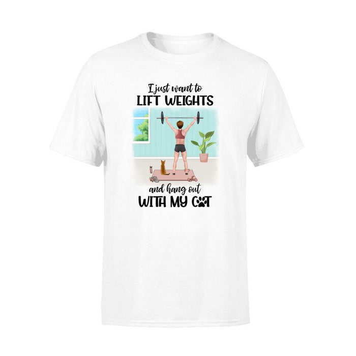 Personalized T-shirt, Girl Lifting Weights With Cats at Home, Gift for Cat Lover, Fitness Lovers