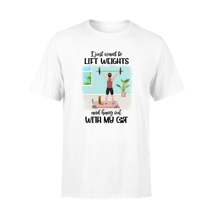 Personalized T-shirt, Woman Lifts Weights With Cats, Gift for Cat Lovers, Fitness Lovers