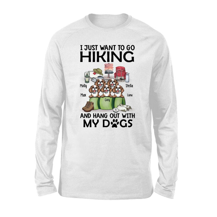 Personalized T-shirt, Up to 5 Dogs, I Just Want to Go Hiking and Hang Out with My Dogs, Giift for Hiking and Dog Lovers