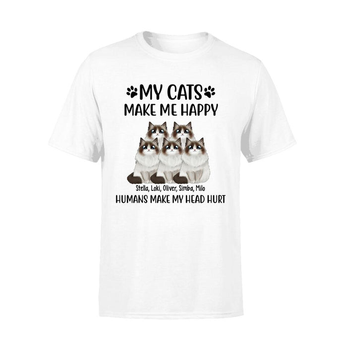 Personalized Shirt, Up To 5 Cats, My Cats Make Me Happy Humans Make My Head Hurt, Gift For Cat Lovers