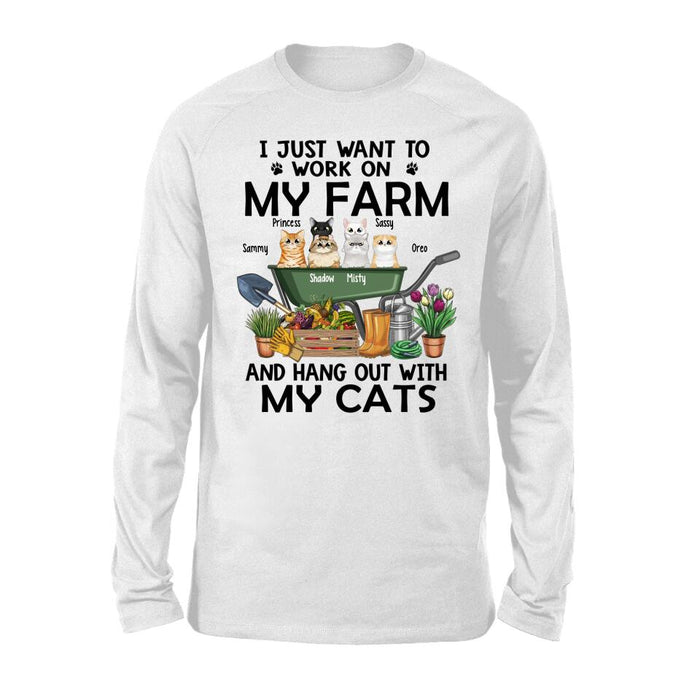 Personalized Shirt, Up To 6 Cats, I Just Want To Work On My Farm And Hang Out With My Cats, Gift For Farmers And Cat Lovers