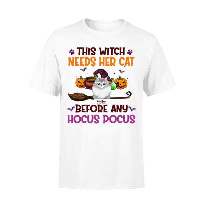 Personalized Shirt, Up To 4 Cats, This Witch Needs Her Cats Before Any Hocus Pocus - Halloween Gift, Gift For Cat Lovers