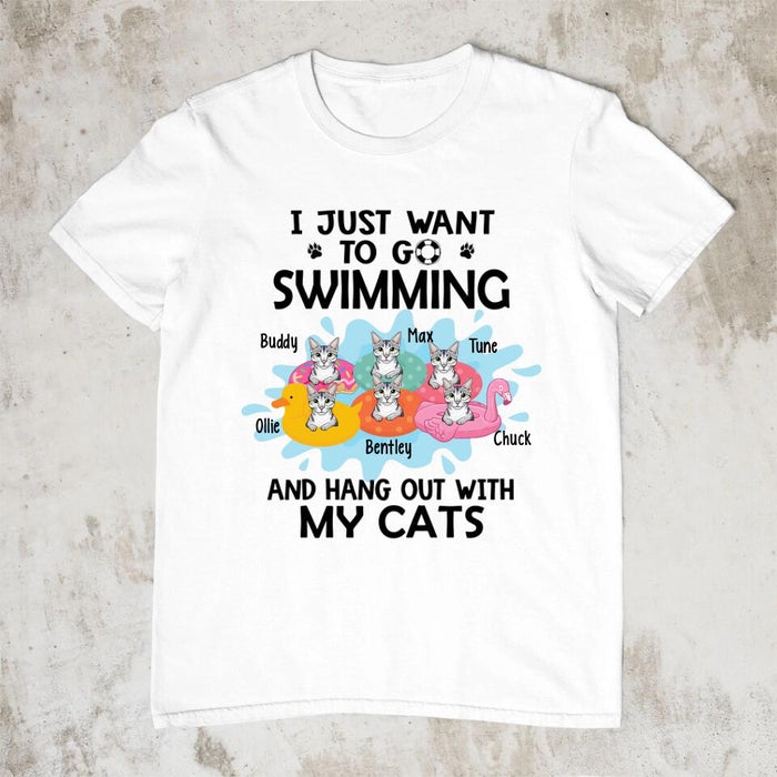 Personalized Shirt, I Just Want To Go Swimming And Hang Out With My Cats, Up To 6 Cats, Gift For Cat Lovers