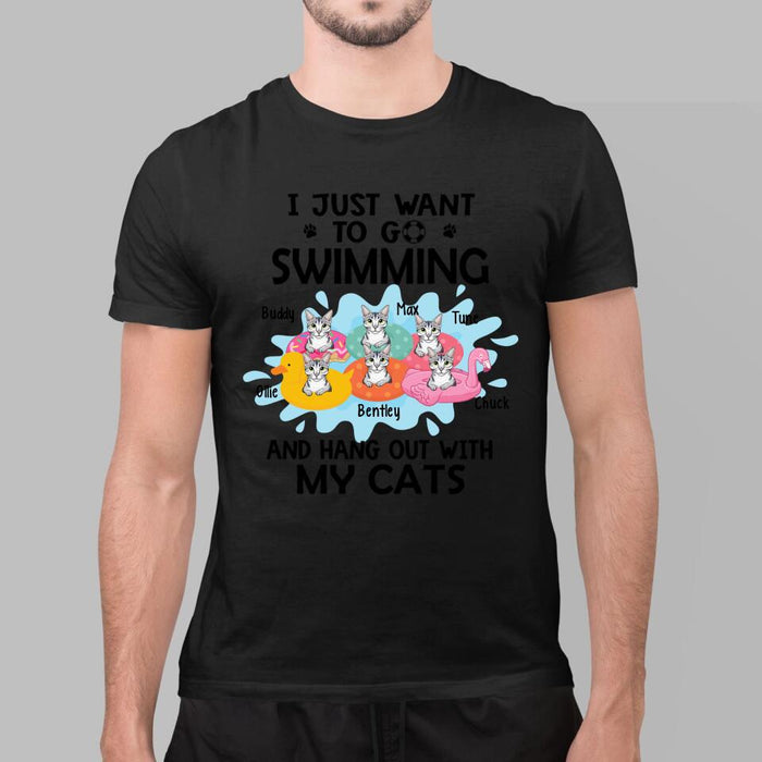 Personalized Shirt, I Just Want To Go Swimming And Hang Out With My Cats, Up To 6 Cats, Gift For Cat Lovers