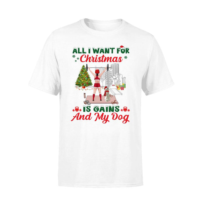 Personalized Shirt, All I Want For Christmas Is Gains And My Dogs, Christmas Gift For Fitness Lovers And Dog Lovers