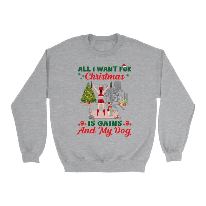 Personalized Shirt, All I Want For Christmas Is Gains And My Dogs, Christmas Gift For Fitness Lovers And Dog Lovers