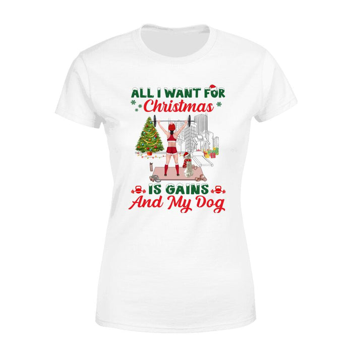 Personalized Shirt, All I Want For Christmas Is Gains And My Dogs, Christmas Gift For Fitness Lovers And Dog Lovers