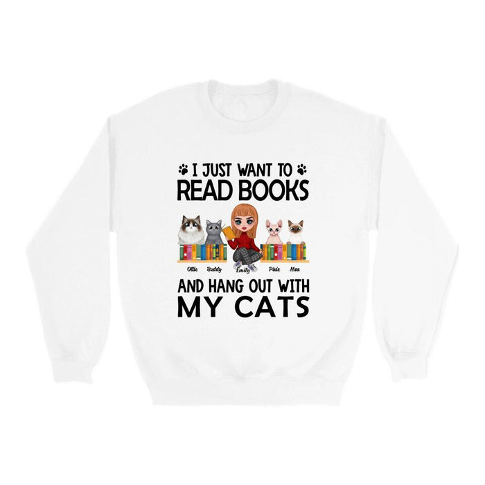 I Just Want to Read Books and Hang Out with My Cats - Personalized Gifts Custom Book Shirt for Cat Mom, Book Lovers