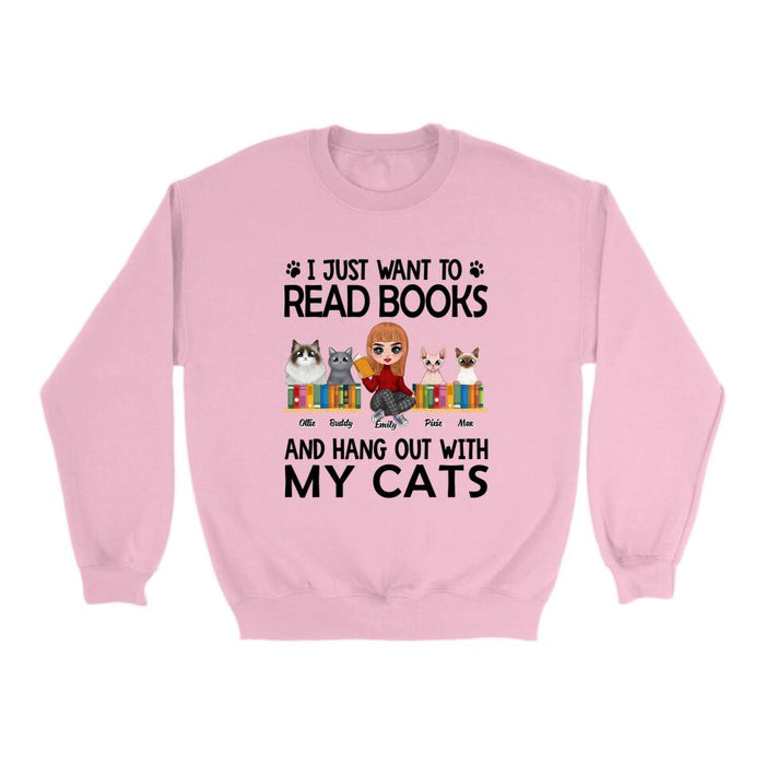 I Just Want to Read Books and Hang Out with My Cats - Personalized Gifts Custom Book Shirt for Cat Mom, Book Lovers