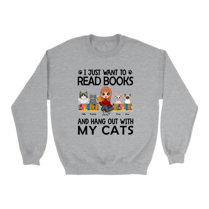 I Just Want to Read Books and Hang Out with My Cats - Personalized Gifts Custom Book Shirt for Cat Mom, Book Lovers