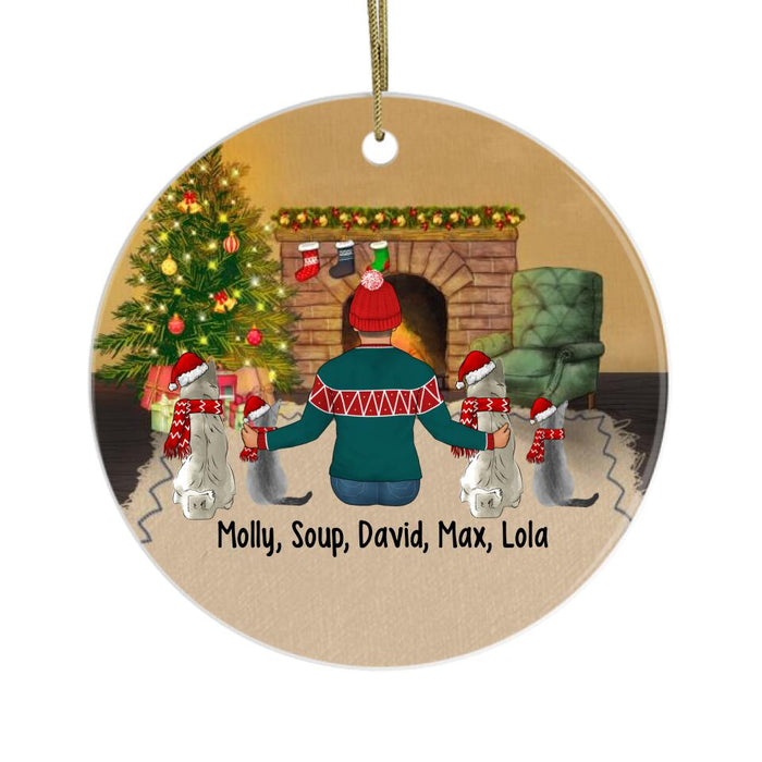 Personalized Ornament, Man Sitting With Pets, Gifts For Dog Lovers, Cat Lovers