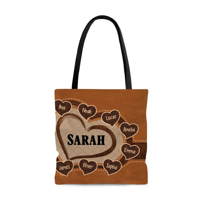 Custom Grandma Mom Heart With Kids Name Tote Bag - Personalized Tote Bag For Mother, Grandma