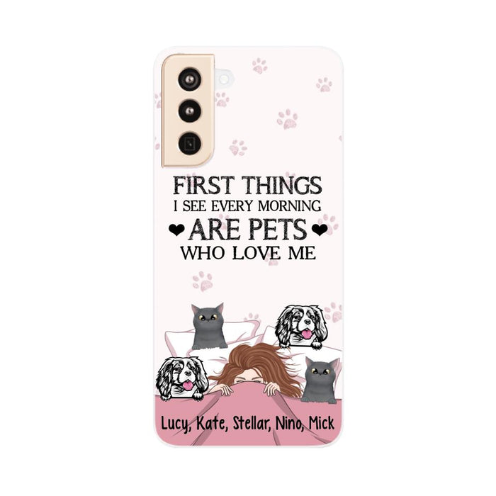 Personalized Phone Case, Sleeping Girl With Pets, Gift For Dog And Cat Lovers