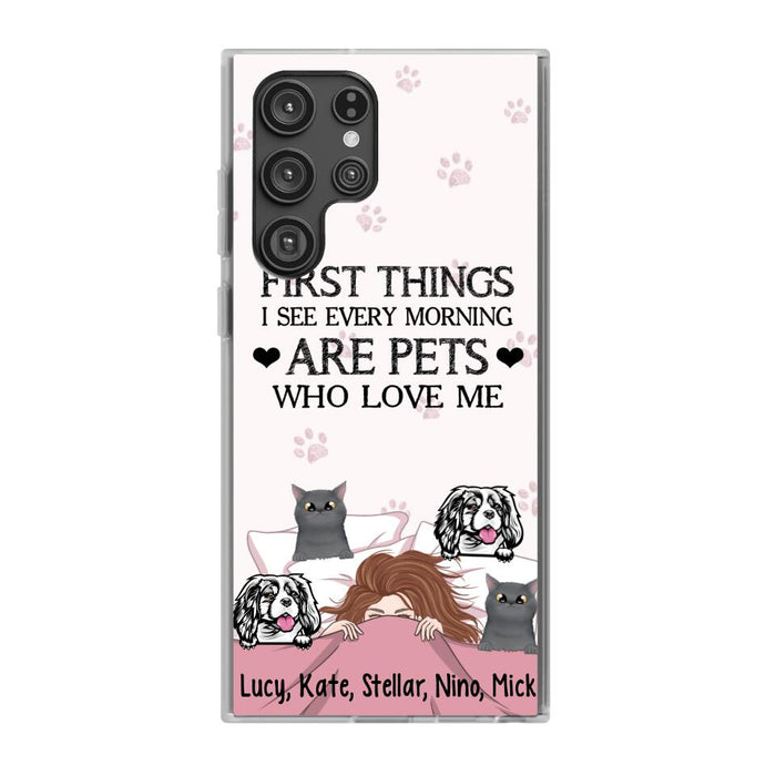 Personalized Phone Case, Sleeping Girl With Pets, Gift For Dog And Cat Lovers