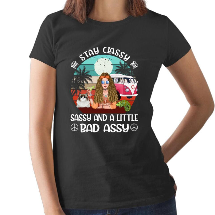 Personalized Shirt, Hippie Girl with Pets, Peeking Cat, Dog and Reptile, Custom Gift For Pet and Hippie Lovers