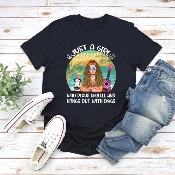 Personalized T-shirt, Just A Hippie Girl Who Plays Ukulele and Love Dogs, Gift for Hippie Girl, Dog Lover, Ukulele Lover