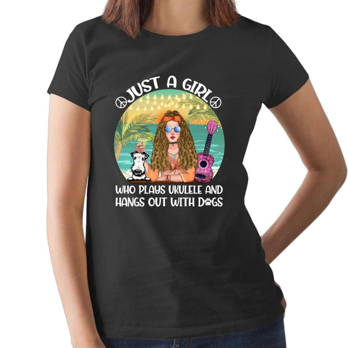 Personalized T-shirt, Just A Hippie Girl Who Plays Ukulele and Love Dogs, Gift for Hippie Girl, Dog Lover, Ukulele Lover