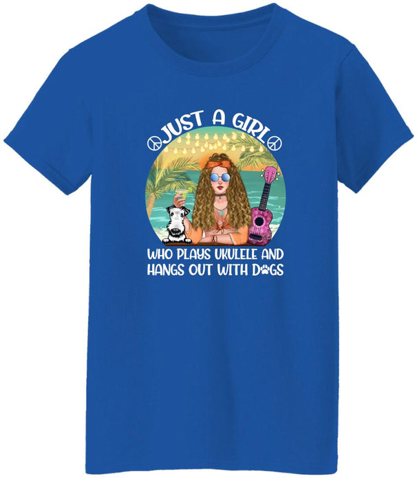 Personalized T-shirt, Just A Hippie Girl Who Plays Ukulele and Love Dogs, Gift for Hippie Girl, Dog Lover, Ukulele Lover