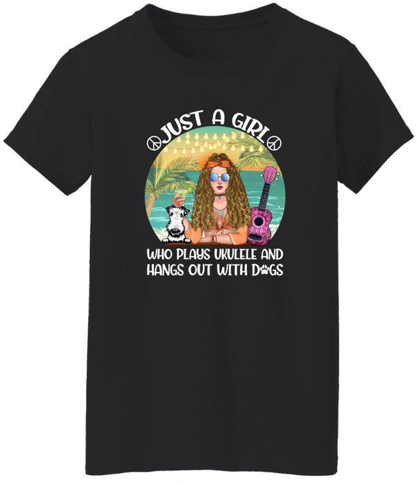 Personalized T-shirt, Just A Hippie Girl Who Plays Ukulele and Love Dogs, Gift for Hippie Girl, Dog Lover, Ukulele Lover