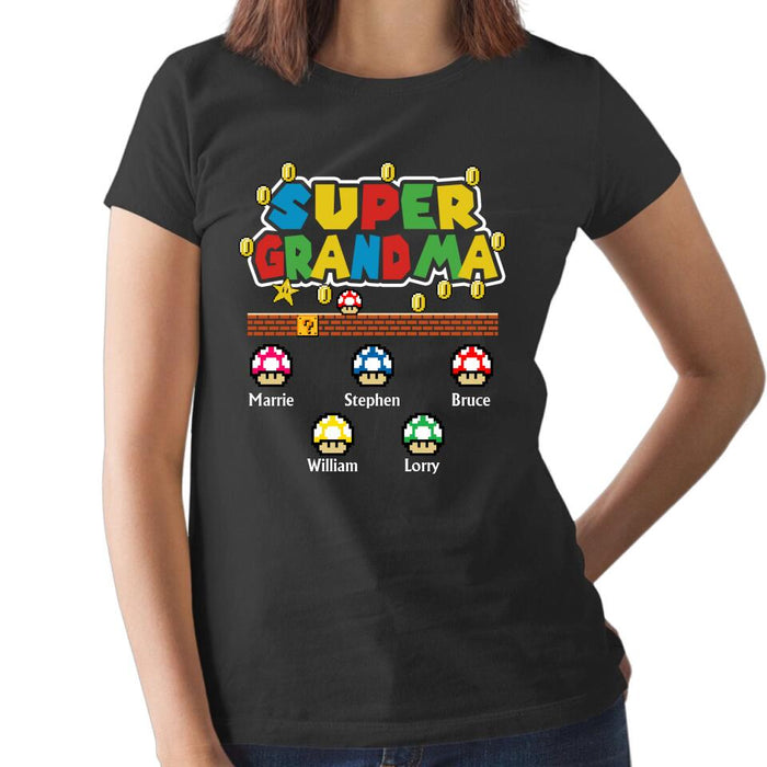 Super Grandma with Up to 5 Kids - Personalized Gifts Custom Gamer Shirt for Kids for Grandma, Gamer