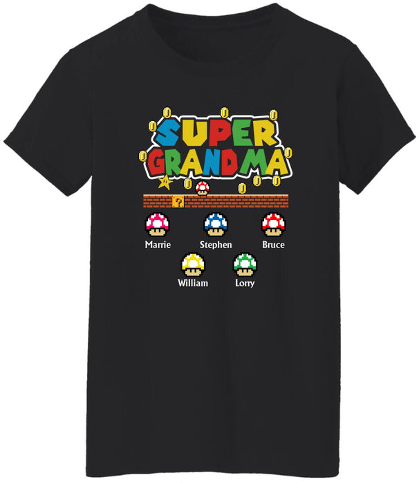 Super Grandma with Up to 5 Kids - Personalized Gifts Custom Gamer Shirt for Kids for Grandma, Gamer