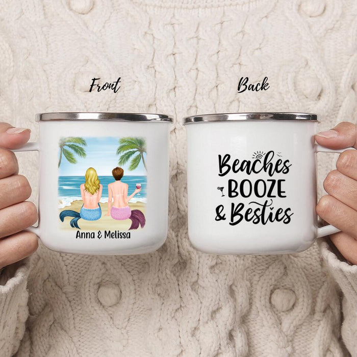 Beaches, Booze, and Besties - Personalized Gifts Custom Beach Enamel Mug for Sisters and Beach Lovers