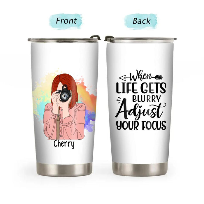 Personalized Tumbler 20oz, Girl With Camera, Adjust Your Focus, Gift for Photography Lovers