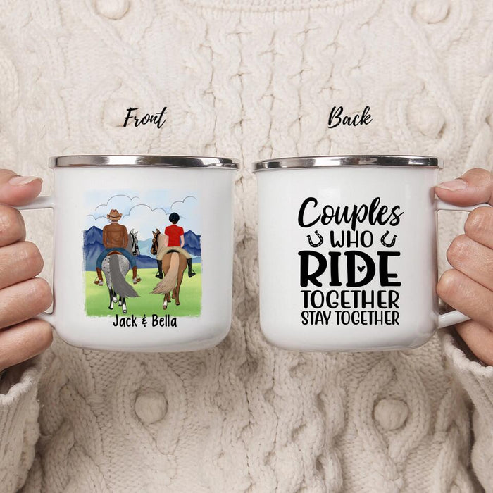 Couples Who Ride Together - Personalized Gifts Custom Horse Enamel Mug for Friends and Couples, Horse Lovers