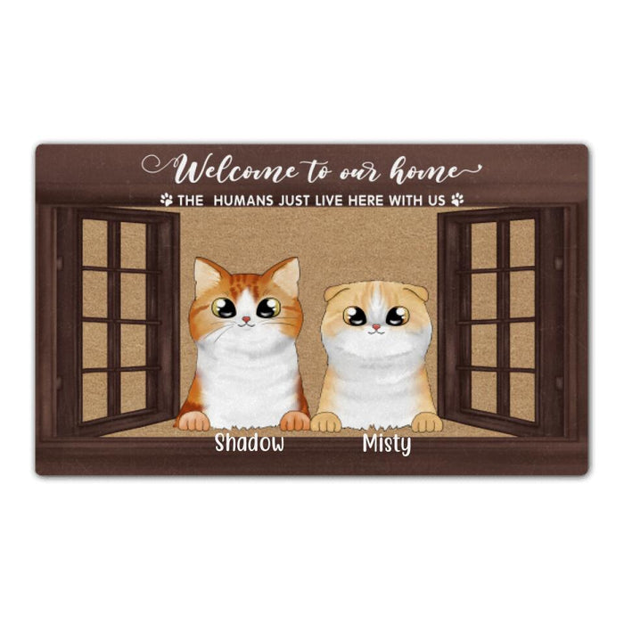 The Humans Just Live Here with Us - Personalized Gifts Custom Cat Doormat for Cat Mom or Cat Dad - Cat Lovers