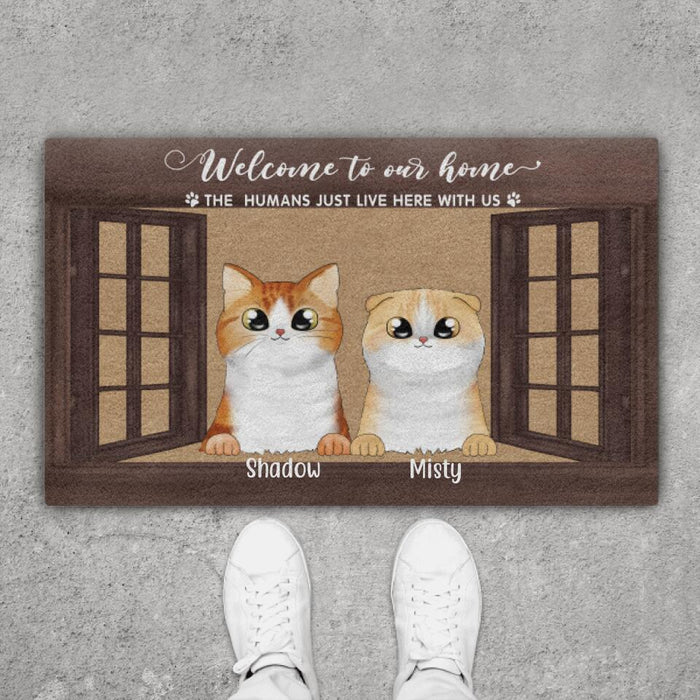 The Humans Just Live Here with Us - Personalized Gifts Custom Cat Doormat for Cat Mom or Cat Dad - Cat Lovers