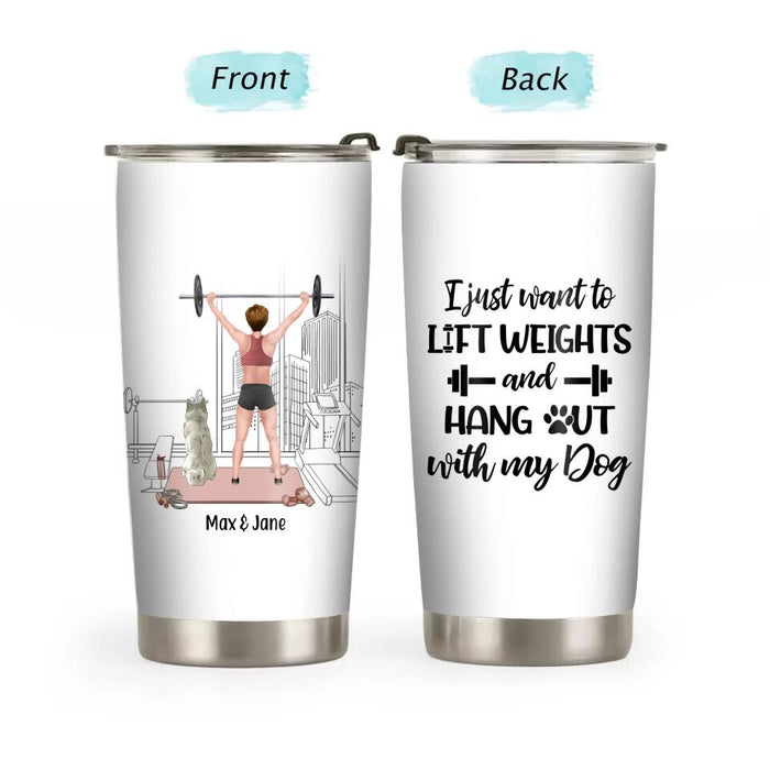 Personalized Tumbler, Girl Lifting Weight with Dogs, Gift for Fitness & Dog Lovers