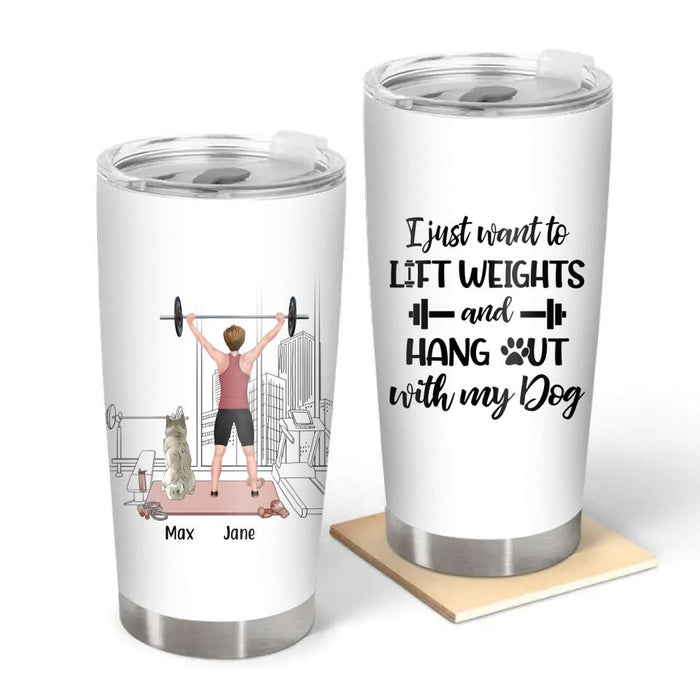 Personalized Tumbler, Girl Lifting Weight With Dogs, Gift for Fitness Lover, Dog Lovers