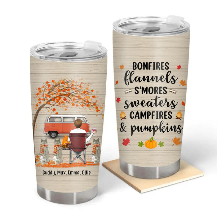 Personalized Tumbler, It's Fall Ya'll, Bonfires Flannels, Camping Girl With Dogs, Gift For Camping And Dog Lovers