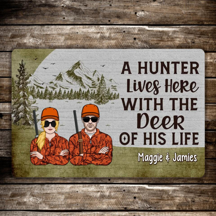 A Hunter Lives Here With the Deer of His Life - Hunting Personalized Gifts Custom Doormat for Couples