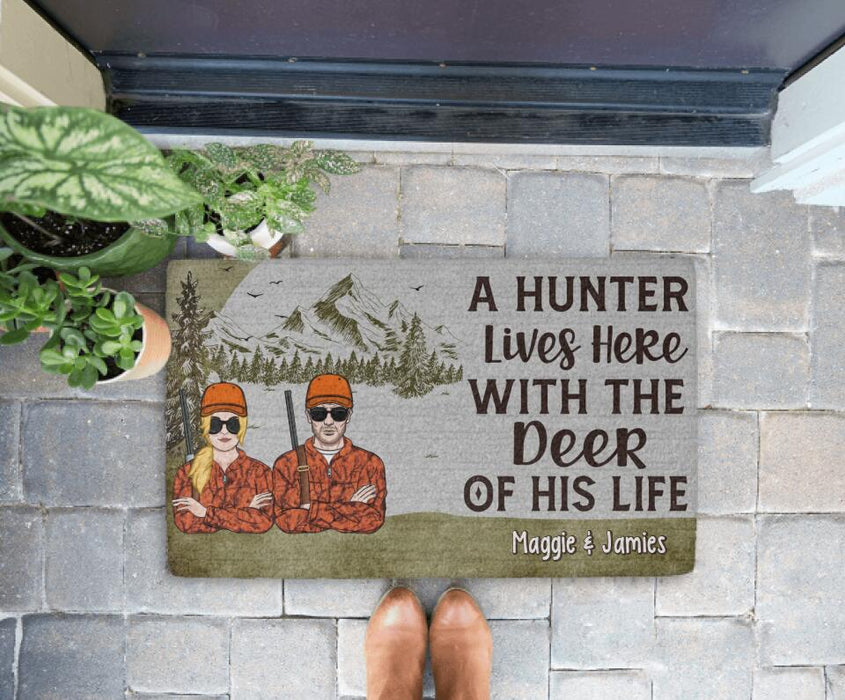 A Hunter Lives Here With the Deer of His Life - Hunting Personalized Gifts Custom Doormat for Couples