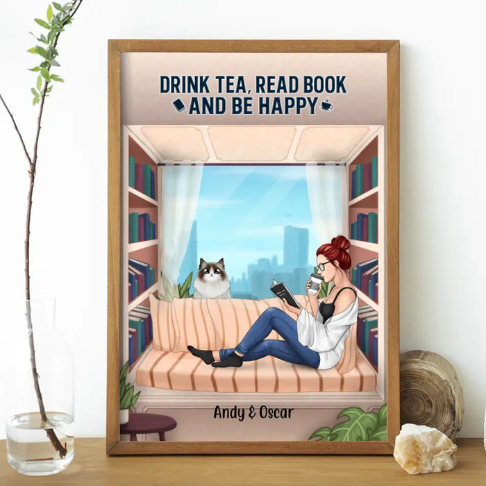 Personalized Poster, Woman Reading With Pet Custom Gift For Dog Cat Lovers