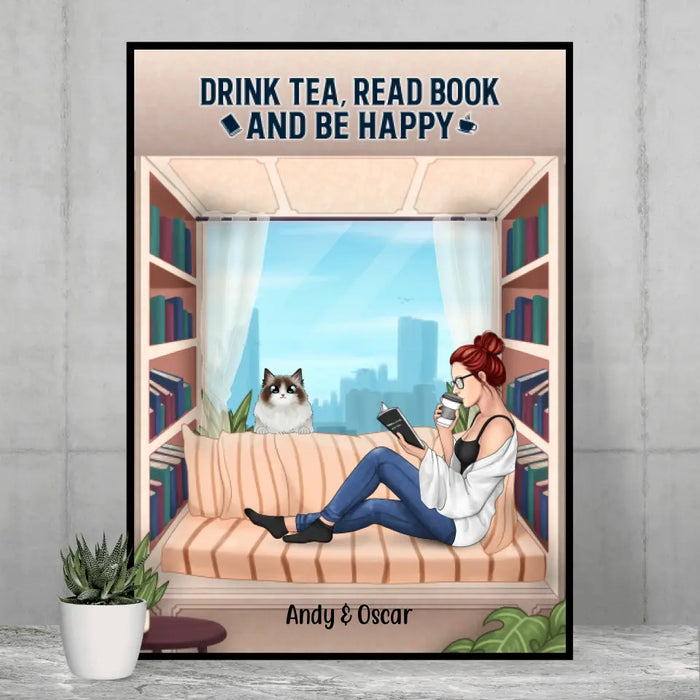 Personalized Poster, Woman Reading With Pet Custom Gift For Dog Cat Lovers