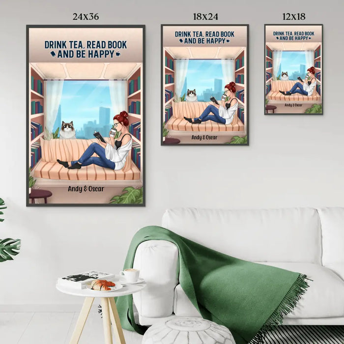 Personalized Poster, Woman Reading With Pet Custom Gift For Dog Cat Lovers