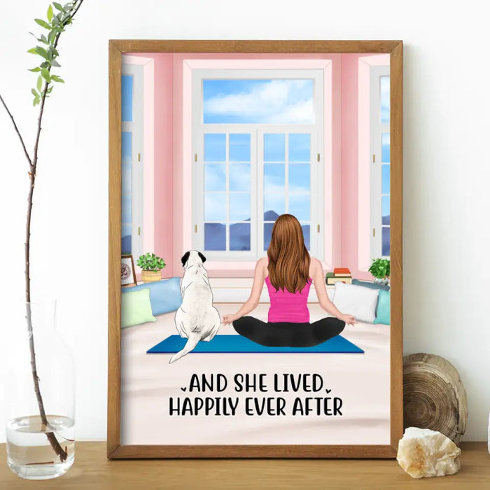 Personalized Poster, Yoga Girl With Pets In House, Custom Gift For Yoga, Dog And Cat Lovers