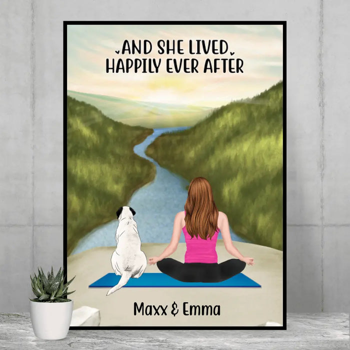 Personalized Poster, Woman Doing Yoga With Pets, Custom Gift For Dog Lovers, Cat Lovers And Yoga Lovers