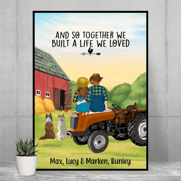 Personalized Poster, Farming Couple On Tractor With Dogs, Gift For Farmers, Gift For Dog Lovers