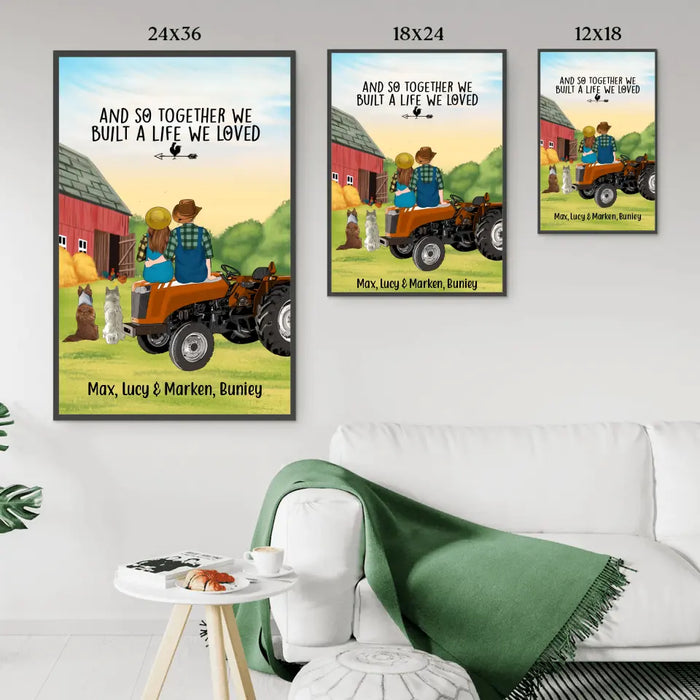 Personalized Poster, Farming Couple On Tractor With Dogs, Gift For Farmers, Gift For Dog Lovers