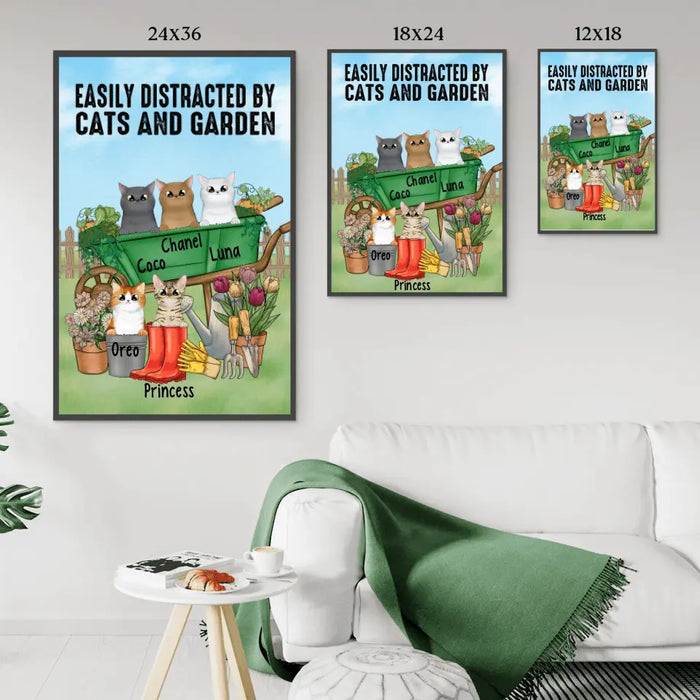 Personalized Poster, Up to 5 Cats, Easily Distracted By Cats And Garden, Gift For Cat Lovers