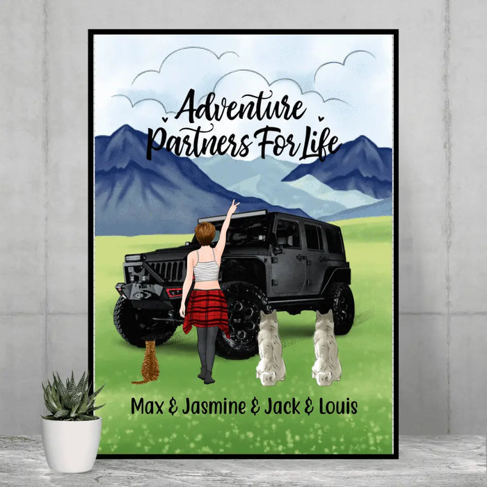 Personalized Poster, Adventure Girl With Cats And Dogs, Custom Gift For Dogs and Car Lovers