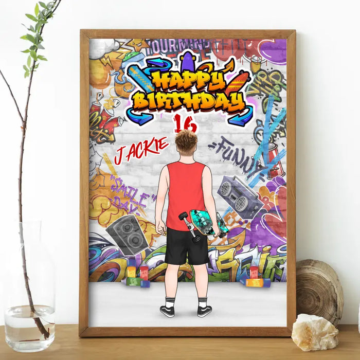 Happy Birthday To Skateboarding Boy- Personalized Poster For Son, Him, Skateboarding, Birthday