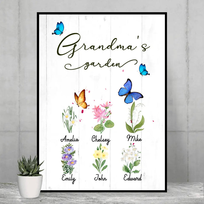 Grandma's Garden Grandkids Names - Personalized Gifts Custom Flower Poster for Grandma, Flower Lovers